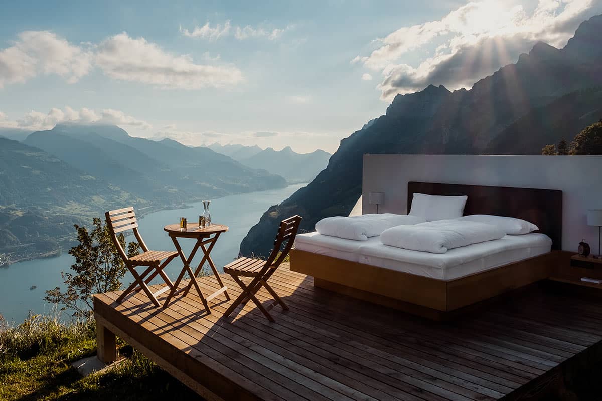 Outdoor Bedroom on Mountain Overlooking Lake Outdoor Bedroom on Mountain Overlooking Lake